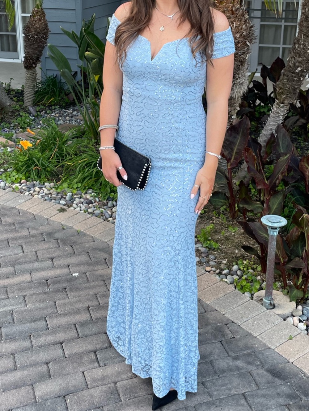 Vince Camuto Dusty Blue Lace Sequin Formal Gown